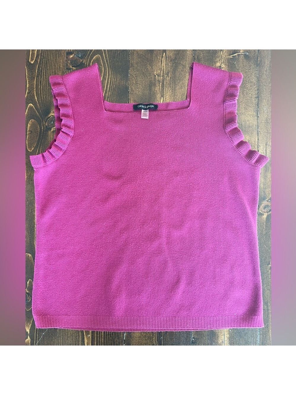 Cable & Gauge Women's Large Magenta Ruffle-Sleeve Tank Top Square Neck